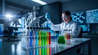 Female scientist conducting chemical experiments with colorful test tubes in modern laboratory setting for research and development projects.
