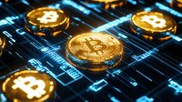 Golden cryptocurrency coins on digital circuit background with glowing blue technology pattern showing financial data and market trends for blockchain concept.