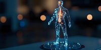 Glowing blue holographic human figure with illuminated skeletal system and neural network points on dark background with bokeh lights, showcasing medical technology.