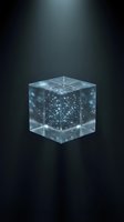 Transparent glass cube with glowing digital particles and network connections inside, representing data, technology, and artificial intelligence concepts.