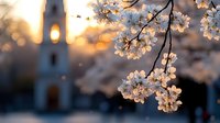 Delicate white cherry blossoms against blurred church silhouette at golden sunset, creating dreamy spring atmosphere with soft bokeh lights.