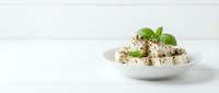 Fresh homemade cottage cheese with herbs and black pepper served in white bowl on clean background for healthy eating and cooking concepts.