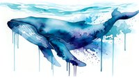 Watercolor humpback whale swimming underwater with artistic paint drips and splashes in blue tones on white background for marine themed designs.