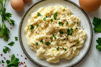 Creamy mashed potatoes garnished with fresh parsley, black pepper, and red pepper flakes served on rustic ceramic plate with fresh eggs and herbs.