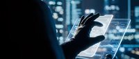 Futuristic hand interacting with holographic digital interface display against cityscape backdrop, representing technology innovation and virtual data management.