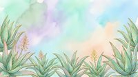 Soft watercolor background with aloe vera plants and golden flowers in pastel tones of mint, lavender, and peach, perfect for wellness and nature designs.
