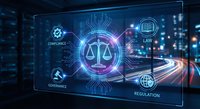 Glowing digital legal scale with compliance, law, governance and regulation icons on futuristic tech interface for business and finance.