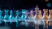 Chess pieces on reflective surface with glowing blue light effects and bokeh, strategic business concept showing leadership and competition in modern setting.