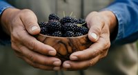 Male farmer holding fresh blackberries in wooden bowl, harvesting ripe berries outdoors for agricultural produce and farming business use.