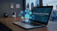 Modern laptop displaying digital real estate platform interface with holographic house icons on wooden desk overlooking city skyline through office window.
