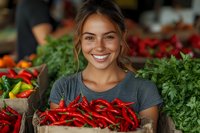 Young female vendor with bright smile holding fresh red chili peppers at farmers market stand surrounded by colorful produce and herbs. Natural lighting highlights fresh ingredients.