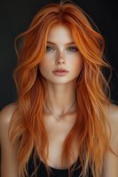 Young woman with flowing ginger hair, freckles, and natural makeup against dark background. Ethereal beauty portrait showcasing delicate features and luminous skin.
