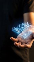 Hand holding holographic smart home automation system with glowing blue wireframe house model showing connected IoT devices and digital technology integration.