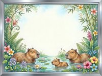 Capybara family swimming in tropical pond with lush jungle foliage frame and colorful flowers creating peaceful wildlife scene for nature designs.