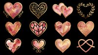 Watercolor pink and gold heart clipart set, isolated on transparent background. Great for Valentine's Day cards, stickers, t-shirt design, print on demand, and sublimation projects.