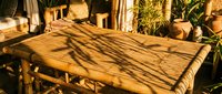 Wooden table with natural sunlight casting plant shadows across the surface, surrounded by potted plants and warm golden lighting, suitable for home decor and interior design projects.