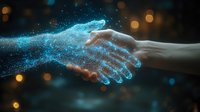 Glowing digital handshake with particles and bokeh effect on dark background shows technological connection and partnership concept in modern business world.