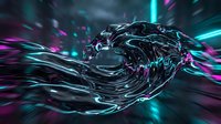 Futuristic abstract liquid form with glowing neon cyan and magenta light trails, dynamic flowing motion, digital art for technology, gaming, and sci-fi design projects.