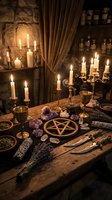Occult ritual altar setup with lit candles, pentagram symbol, amethyst crystals, dried herbs, goblets, and ceremonial tools on wooden table for witchcraft practices.