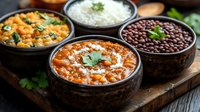 Traditional Indian curry bowls with butter chicken, vegetable korma, steamed rice and black lentils served on rustic wooden board garnished with fresh herbs.