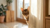 Tabby cat peeking around wooden doorframe in bright sunlit home interior with potted plants and natural light for pet and lifestyle content.