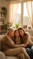 Three generations of women embracing on couch in warm living room with natural light, grandmother mother daughter bonding together at home.