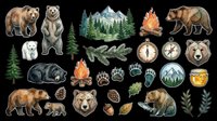 Grizzly bear, standing bear, brown bear, black bear, forest trees, pine trees, campfire, compass, paw prints, bear paw, wildlife animal, nature illustration, outdoor adventure, camping theme, forest animal, woodland creature, mountain landscape, evergreen trees, pinecone, leaves, foliage, bear cub, mama bear, forest scene elements, nature clipart, isolated, transparent background, png, cut out, design element, sublimation, print on demand, t-shirt design, sticker art, wildlife clipart, adventure graphics, camping clipart, nature elements, outdoor design, forest graphics, animal illustration, woodland clipart, nature assets, decorative elements, craft supplies, digital design elements, printable graphics, scrapbooking elements, label design, badge design, emblem graphics, nature-themed clipart, outdoor adventure clipart, camping graphics, forest wildlife collection.