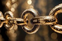 Macro shot of metallic chain links covered in water droplets against blurred golden bokeh background, highlighting strength and connection in business concept.