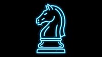 Glowing blue neon chess knight piece on black background for gaming logos, strategy concepts and digital art projects.