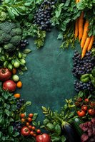 Fresh vegetables and fruits frame on dark green background with copy space. Seasonal harvest of carrots, tomatoes, grapes, and greens arranged as border.