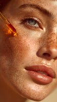 Close-up of woman with freckles applying facial serum with dropper, showcasing skincare routine and natural beauty.