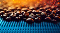 Freshly roasted coffee beans scattered on blue textured surface with warm bokeh lights in background, creating dramatic mood for coffee shop and cafe marketing.