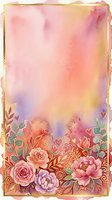 Watercolor gradient background with pink, purple, yellow and peach tones, featuring decorative floral border with roses, peonies, leaves and hearts. Gold foil frame. Suitable for invitations, greeting cards, posters and design projects.