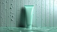 Mint green cosmetic tube on wet surface with water drops and splashes against pastel background. Modern skincare product presentation in monochromatic style.