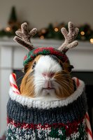 Guinea pig wearing reindeer antlers headband and festive knitted sweater with candy canes, photographed against blurred Christmas lights and decorations background.