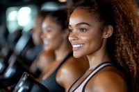 Young African American woman with curly hair smiling during workout at gym. Athletic female exercising on cardio equipment in fitness center. Healthy lifestyle concept.