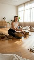 Woman in her 30s, Caucasian ethnicity, practicing sound bath meditation with singing bowls in a bright, minimalist studio space with wooden flooring and natural light.