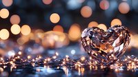 Crystal heart on reflective surface with glowing fairy lights and bokeh background creating romantic Valentine's Day or wedding atmosphere.