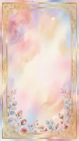 Soft watercolor background with pastel pink, lavender, and cream washes, ornate gold decorative border frame, and delicate floral elements including roses and eucalyptus leaves at bottom. Isolated design ready for invitations, greeting cards, and wedding stationery projects.
