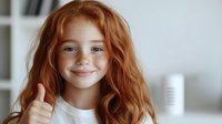 Young girl with vibrant red hair and freckles showing thumbs up gesture, wearing white t-shirt against light background, expressing positivity and confidence.