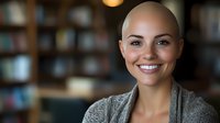 Confident bald woman with radiant smile wearing gray cardigan against blurred library background portrays strength and resilience during cancer recovery journey.