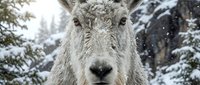 Mountain goat portrait in snowy winter forest with evergreen trees. Wild animal face close-up showing thick fur and horns in natural habitat.