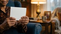 Senior woman holding blank white card in elegant living room interior with warm lighting and home decor.