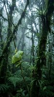 Green tree frog perched on vine in misty tropical rainforest with lush ferns and moss-covered trees creating atmospheric jungle environment.