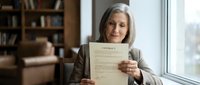 Mature woman with gray hair and light skin tone, wearing a cardigan, holding an insurance document in a modern office with bookshelves and city view behind her, representing financial planning and policy management.
