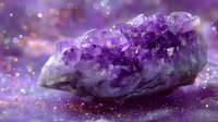 Raw amethyst crystal cluster with purple quartz formations on sparkling background with bokeh lights for jewelry design, crystal healing, and luxury decor.