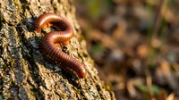 Brown millipede crawling on rough tree bark surface in natural forest environment with blurred background for nature and wildlife concepts.