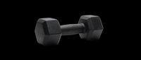 Pair of black hexagonal dumbbells isolated on transparent background, ready for fitness, gym, and workout design projects including t-shirts, posters, and print-on-demand products.