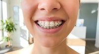 Young woman with metal braces smiling showing orthodontic treatment in modern dental office for teeth straightening and oral health care.