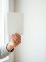 Hand holding blank white card against neutral background with natural window light, suitable for mockup, greeting card, invitation, or promotional material design.